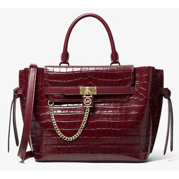 Michael Kors Hamilton Legacy Crocodile Embossed Leather Belted Satchel Burgundy - Picture 1 of 16